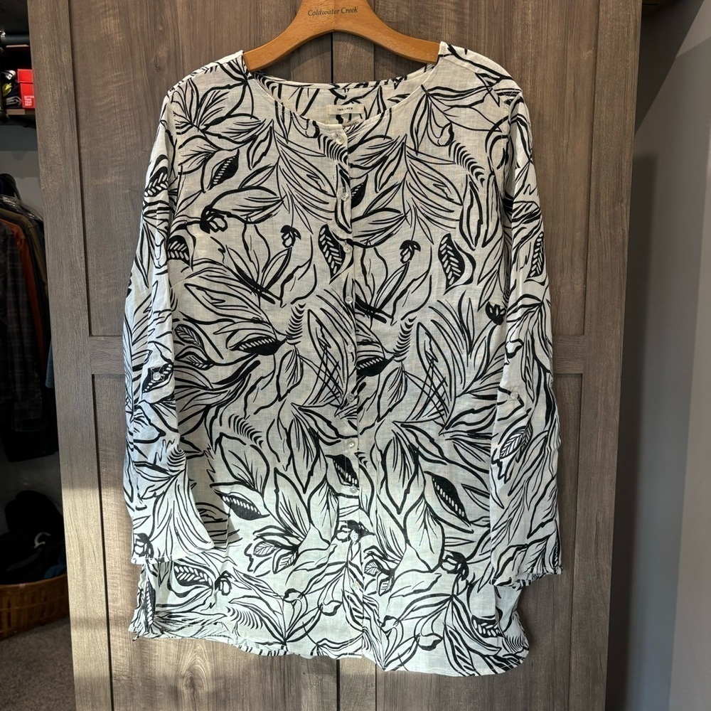 Christian Siriano 100% Linen Long Sleeve Roll Tab Floral Blouse Size 1X